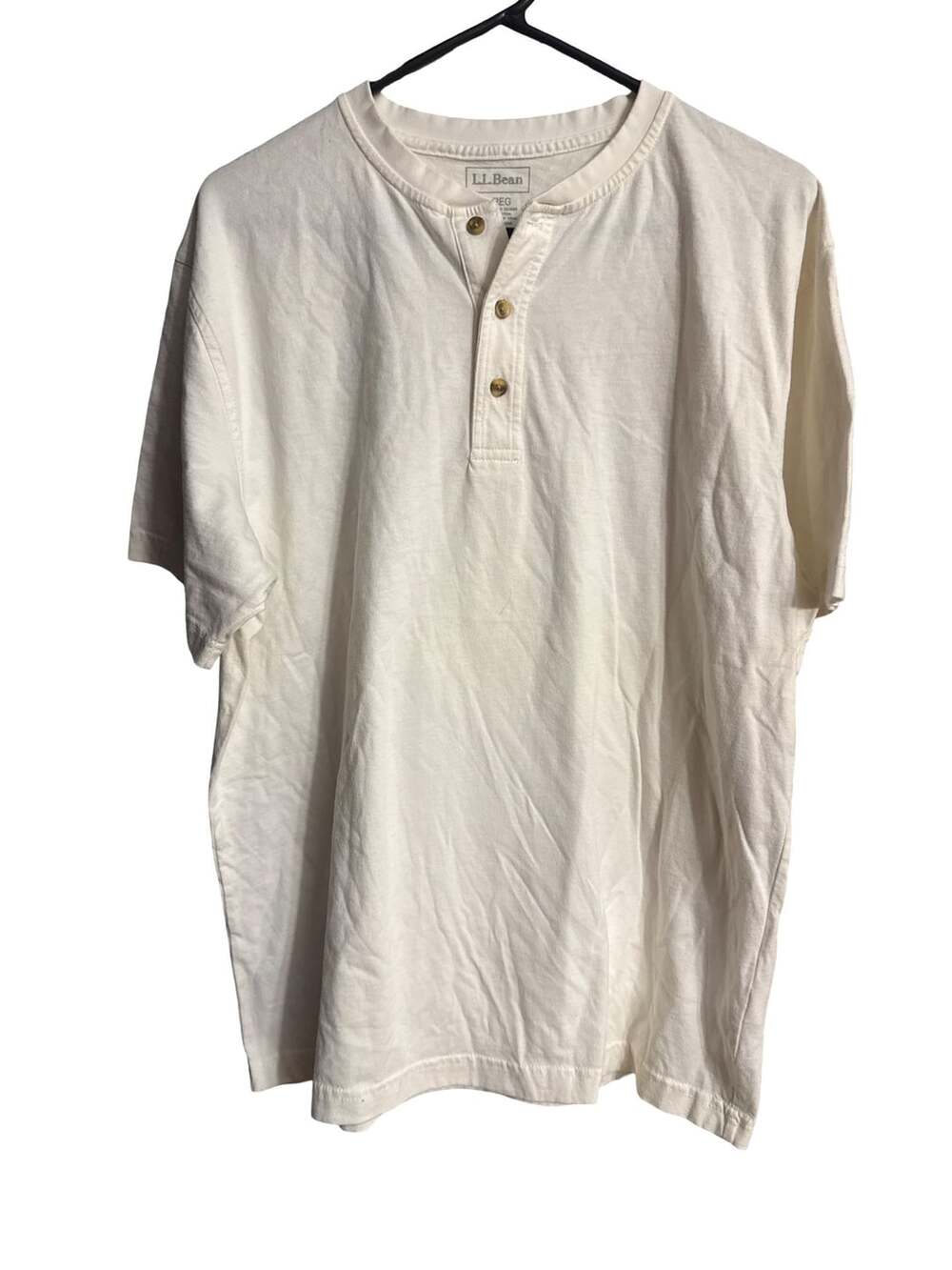 LL Bean Mens Regular Fit Short Sleeve Henley Shirt Cream Size Medium